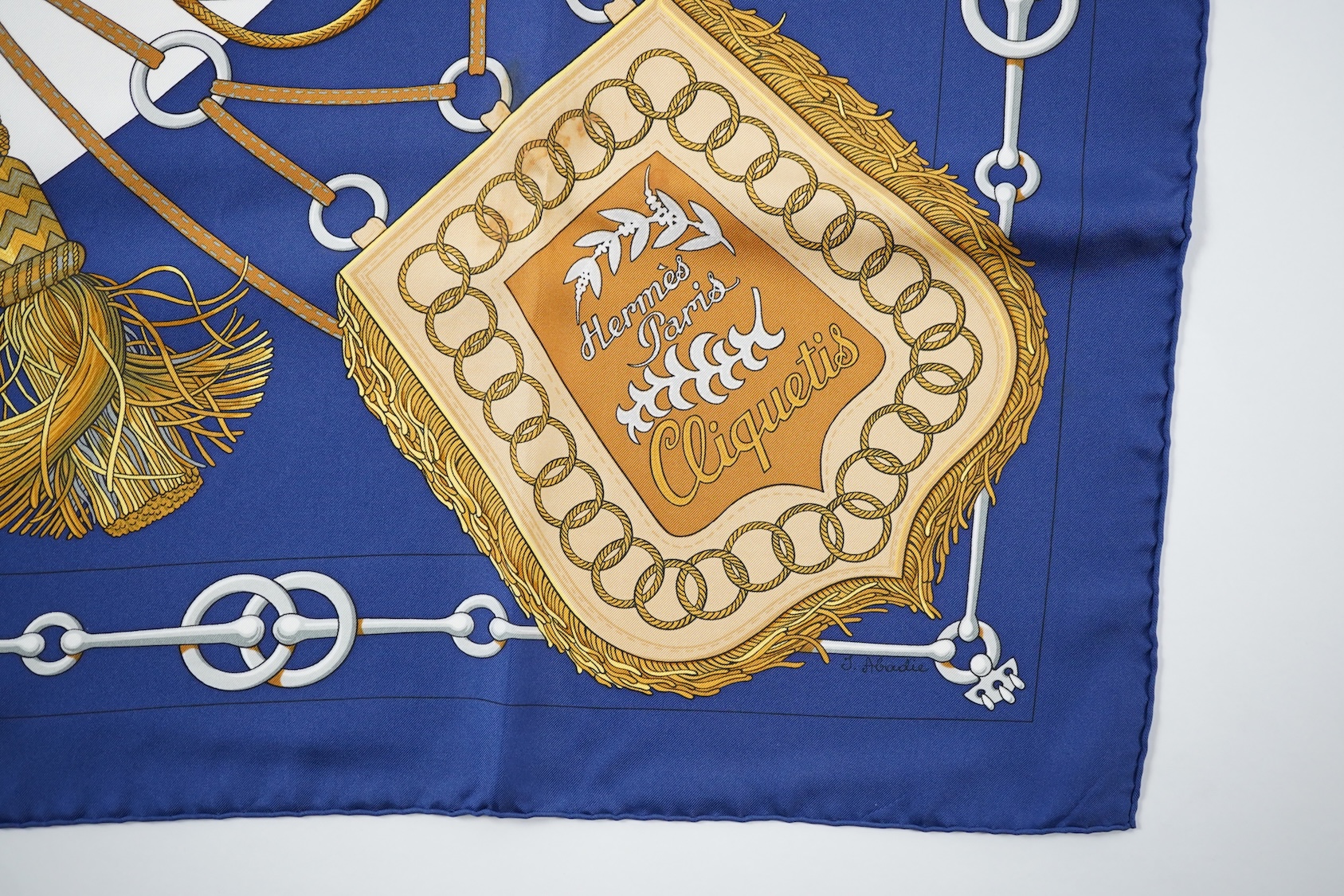 A Hermes navy Cliquetis silk scarf by Julia Abadie with box and Christmas outer box. 90 x 90cm